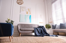 Beautiful Living Room Interior With Comfortable Gray Sofa