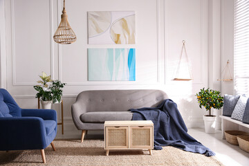 Aufkleber - Beautiful living room interior with comfortable gray sofa