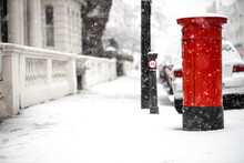 London Classic Red Mailbox  Under The Falling Snow
