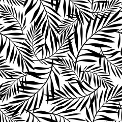 Wall Mural - vector black and white seamless pattern with palm leaves.