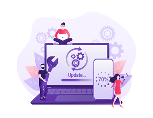 cartoon software update people for mobile app design. isometric vector illustration. mobile applicat