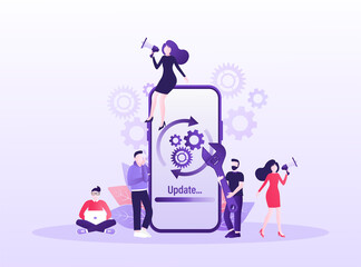 Cartoon software update people for mobile app design. Isometric vector illustration. Mobile application design. Technology network vector illustration.