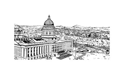 Building view with landmark of Salt Lake is the 
city in Utah. Hand drawn sketch illustration in vector.