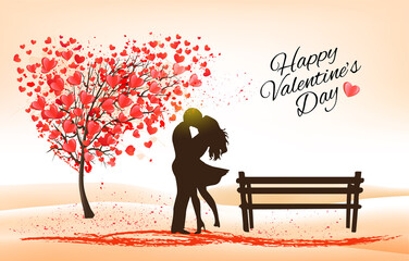 Leinwandbilder - Holiday Valentine's Day background. Tree with heart-shaped leaves and Couple in Love. Vector.