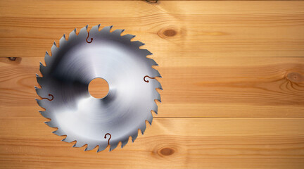 Realistic electric saw disc on the wooden workbench background. Woodworking and construction, joinery craft or carpentry. Circular blade metal tool. Illustration with copy-space.