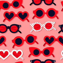 Red heart shape sunglasses seamless pattern