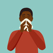 © Orapun - Black man sneezing in handkerchief in flat design. African guy blowing. Sick man sneeze from flu or cold. Season allergy.