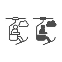 Poster - Skier in ski lift and cloud line and solid icon, Winter season concept, cable car sign on white background, Ski basket with person icon in outline style for mobile and web design. Vector graphics.