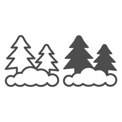 Poster - Christmas trees and snowdrift line and solid icon, Winter season concept, Pine trees sign on white background, Winter forest icon in outline style for mobile concept and web design. Vector graphics.