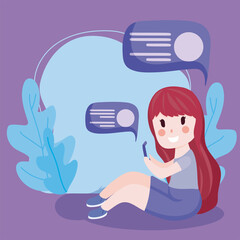 Wall Mural - girl sitting using smartphone messages social media cartoon