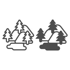 Poster - Christmas tree forest with mountains and frozen lake line and solid icon, Winter season concept, Pine trees sign on white background, Winter forest icon in outline style. Vector graphics.