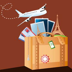 Poster - travel plane suitcase with tickets and photos vacations tourism