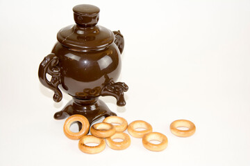 Decorative clay samovar casket and drying cookies to tea. The concept of Russian tea and recreation