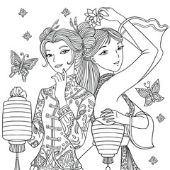 Two girls in traditional clothes with chinese lantern and fan. Coloring book page for adult for anti stress. Vector illustration with doodle and patterns.