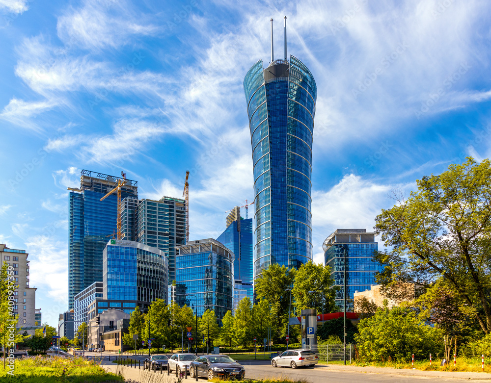 Obraz na płótnie Warsaw Spire office tower of Immofinanz at rising above Wola business district of Warsaw, Poland w salonie