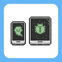 Pixel art smartphone icons with green virus on the screen.