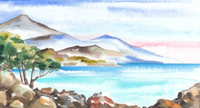 Seascape In Watercolor, Sketch. 