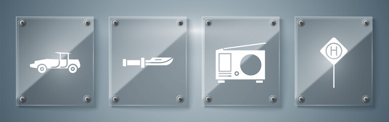 Poster - Set Parking, Radio with antenna, Camping knife and Car. Square glass panels. Vector.