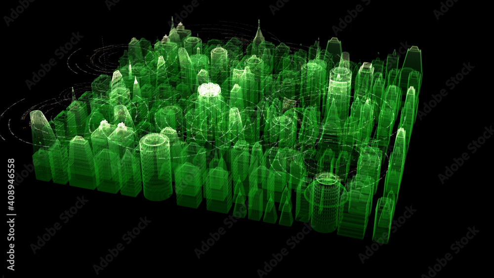 Futuristic digitally generated 3d holographic city with hi-light ...
