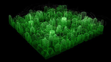 Aufkleber - Futuristic digitally generated 3d holographic city with hi-light scanning and 5G communication signals for head up display and user interface design