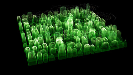 Aufkleber - Futuristic digitally generated 3d holographic city with hi-light scanning and 5G communication signals for head up display and user interface design