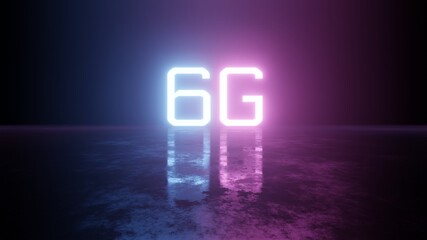 Wall Mural - 3D Rendering of 6G text with glowing led colors and reflection on grunge dark floor. For mobile data network, wireless system, fast data transfer and iot