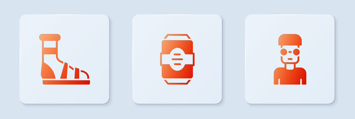Poster - Set Energy drink, Slippers with socks and Nerd geek. White square button. Vector.