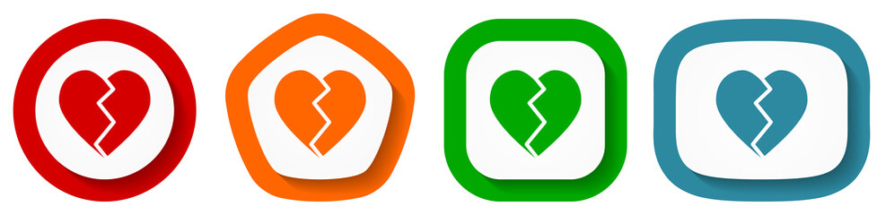 Aufkleber - Broken heart vector icon set, flat design buttons on white background for webdesign and mobile phone applications