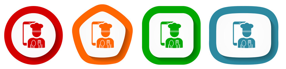 Leinwandbilder - Mobile phone, online restaurant, chef vector icon set, flat design buttons on white background for webdesign and mobile phone applications