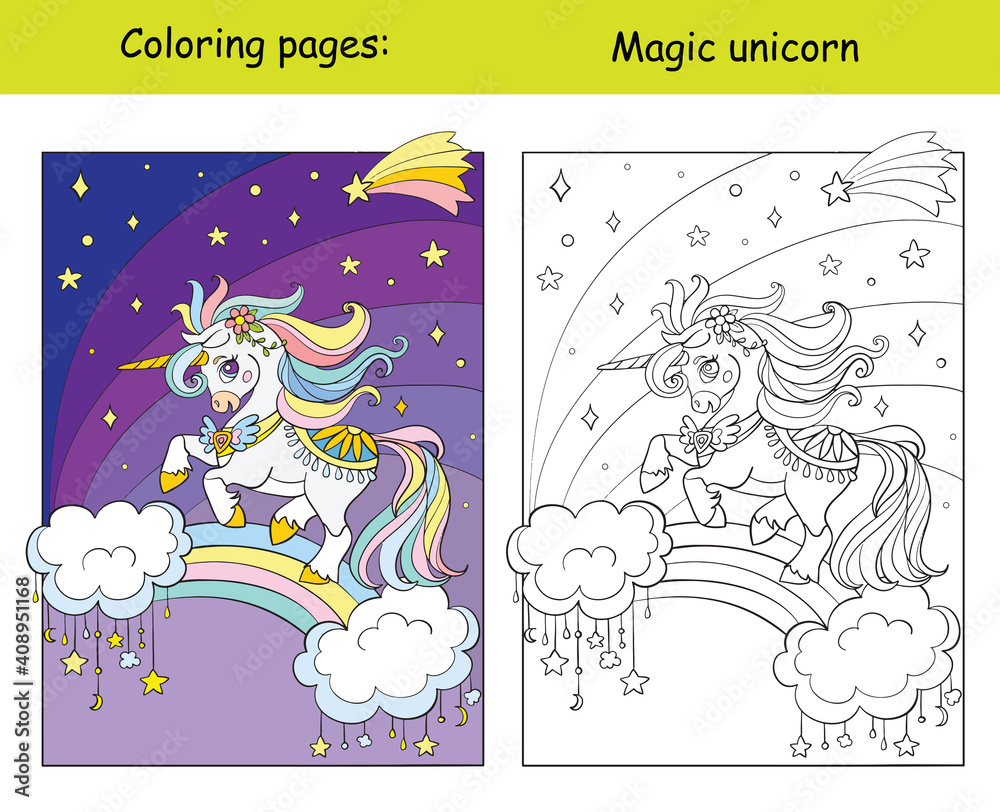 Unicorn flying in the night sky coloring Stock Vector | Adobe Stock