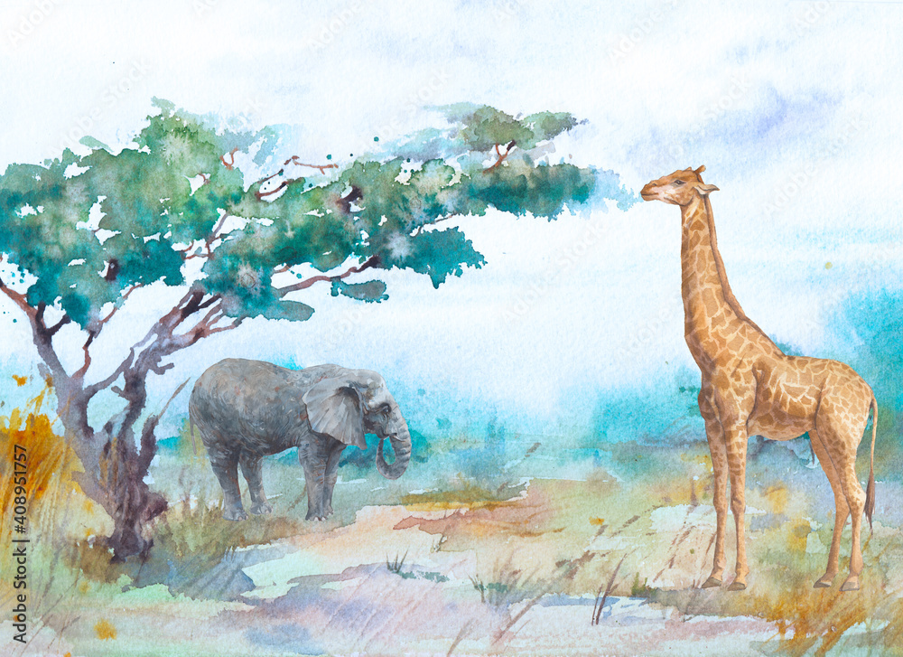 Watercolor landscape: african savannah. Hand painted nature view with trees, clouds sky and animals. Beautiful safari scene - obrazy, fototapety, plakaty 