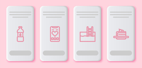 Sticker - Set line Bottle of water, Mobile with heart rate, Swimming pool ladder and Cake. White rectangle button. Vector.