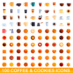 Poster - 100 coffee and cookies icons set. Cartoon illustration of 100 coffee and cookies icons vector set isolated on white background