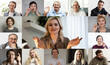 © Angelov - Many portraits faces of diverse young and aged people webcam view, while engaged in videoconference on-line meeting lead by businessman leader. Group video call application easy usage concept