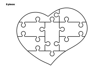 Heart puzzles grid. Magnet, valentine, sticker, sign, symbol,recognition, invitation. Puzzle 8 pieces, games for thought. Vector drawing.