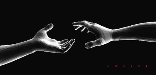 Hands reaching towards each other. Concept of human relation, togetherness or  partnership. 3D vector illustration. Can be used for advertising, marketing or presentation.