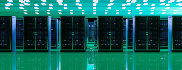 Server room data center. Backup, mining, hosting, mainframe, farm and computer rack with storage information. 3d render