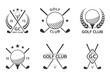 Golf club logo, badge or icon set with crossed golf clubs and ball on tee. Vector illustration. 