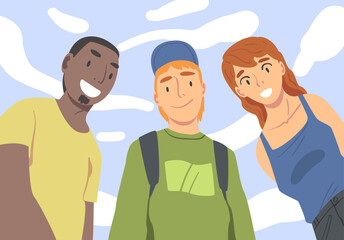 Sticker - Group of Young Man and Woman Looking at Camera from Above Vector Illustration