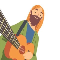 Poster - Smiling Bearded Man with Guitar Looking at Camera from Above Vector Illustration