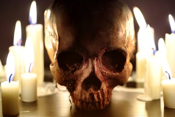 Wall Mural - Human skull against dark background in candle light closeup