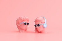 Minimal Scene Of Sunglasses And Headphone On Human Head Sculpture, Music Concept, 3d Rendering.