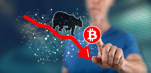 Poster - Man touching a bitcoin bearish trend concept