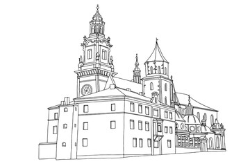 Fototapete - vector sketch of The Royal Archcathedral Basilica of Saints Stanislaus and Wenceslaus on the Wawel Hill. Krakow, Poland.
