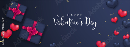 Happy Valentine's Day Font With Top View Of 3D Gift Boxes And Glossy Heart Balloons On Blue Background. © Abdul Qaiyoom