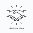 Friendly team flat line icon. Vector outline illustration of hand shake. Black thin linear pictogram for corporate partnership