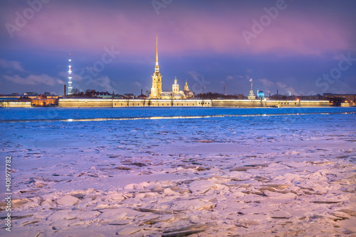 Peter and Paul Fortress in St. Petersburg and a cluster of ice floes © yulenochekk