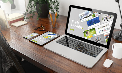 Poster - devices web design on wooden desktop
