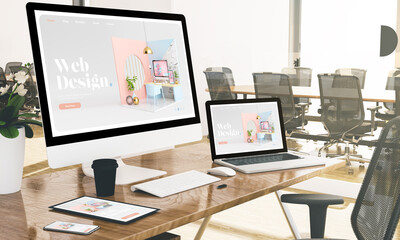 Poster - computer, laptop, tablet, and phone with web design at office mockup
