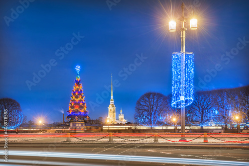Peter and Paul Fortress and New Year's tree in St. Petersburg © yulenochekk